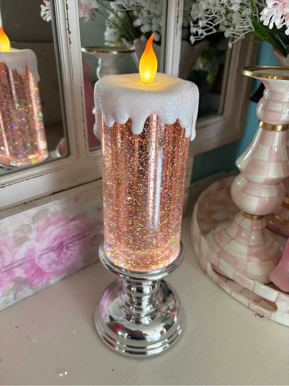 Glitter Rose Gold LED Pillar Candle with White Drip Top